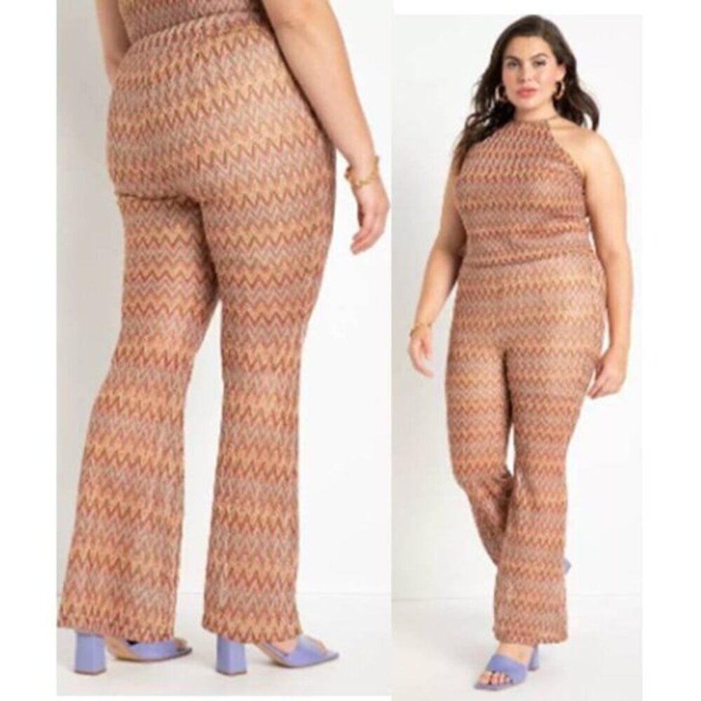 Eloquii Geometric Crochet Stretch Knit  High Rise Flare Pants Lined Side Pockets